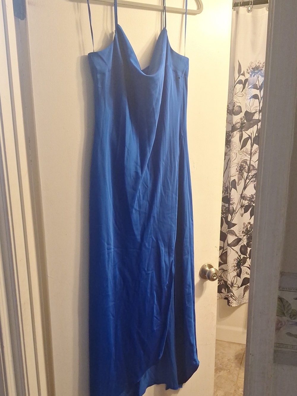Express Royal Blue Satin Maxi Slip Dress with Cowl Neck
